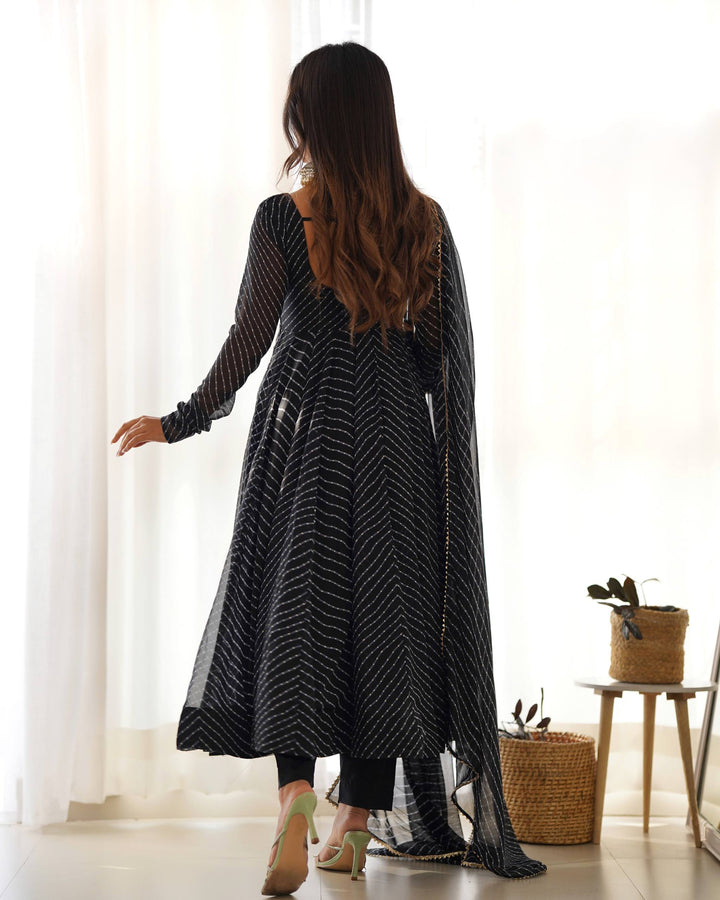 Black  Leheriya Stripe Flared Georgette Anarkali Suit