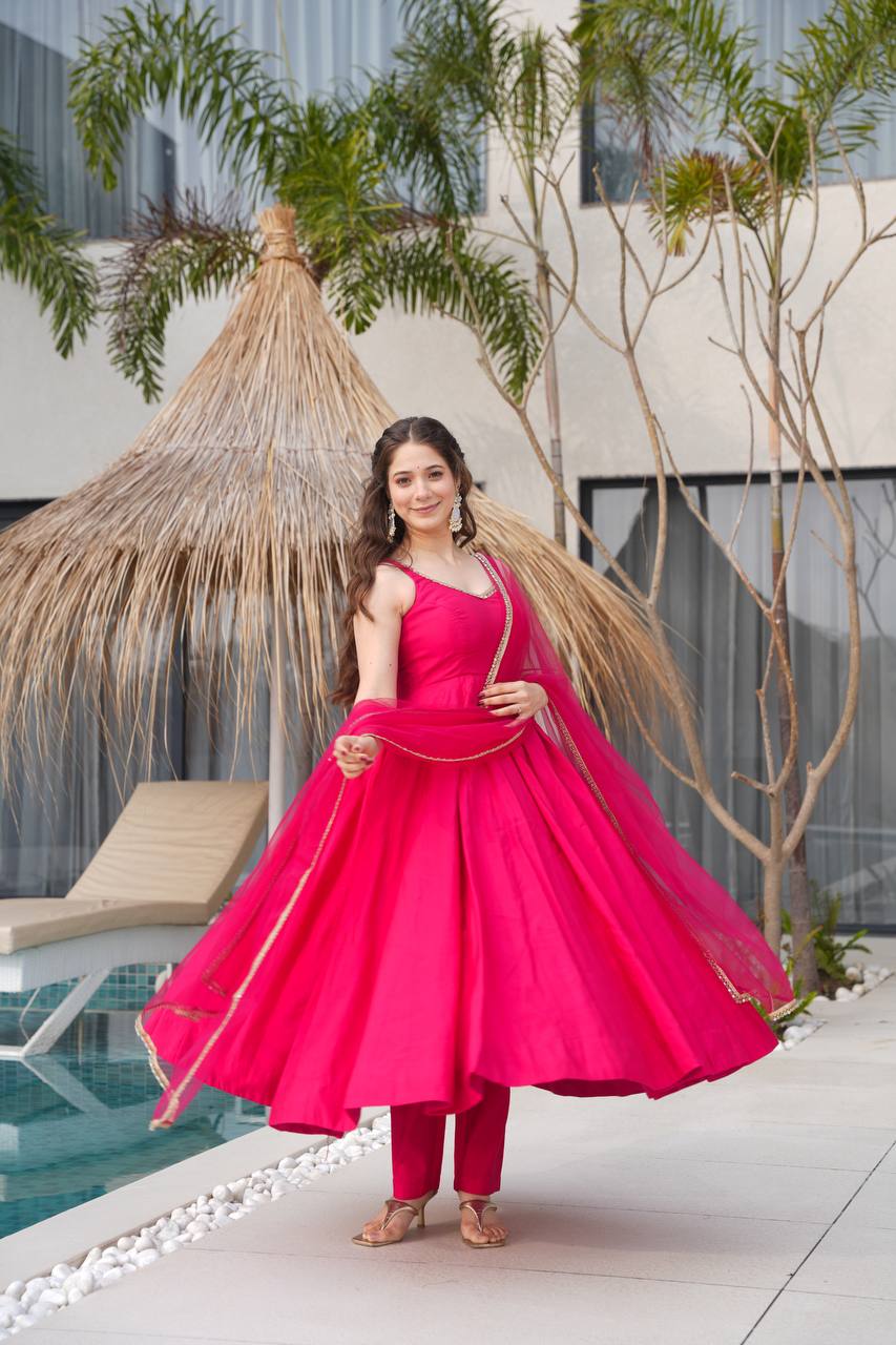 Rani Pink Sleeveless Roman Silk Chanderi Flared Anarkali Suit