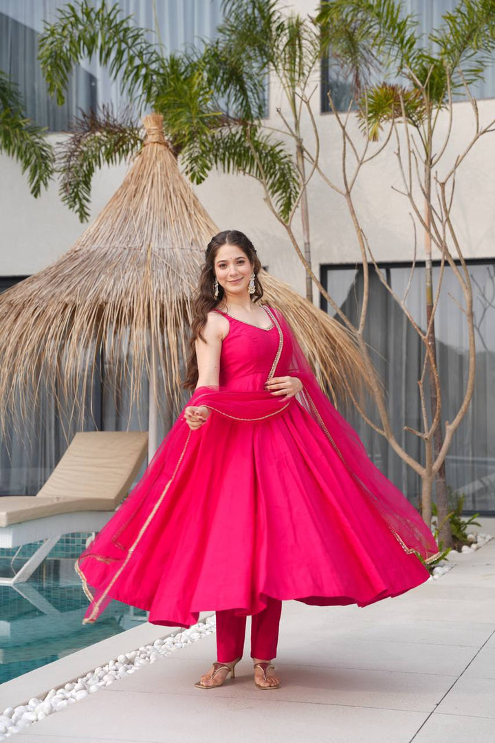 Rani Pink Sleeveless Roman Silk Chanderi Flared Anarkali Suit