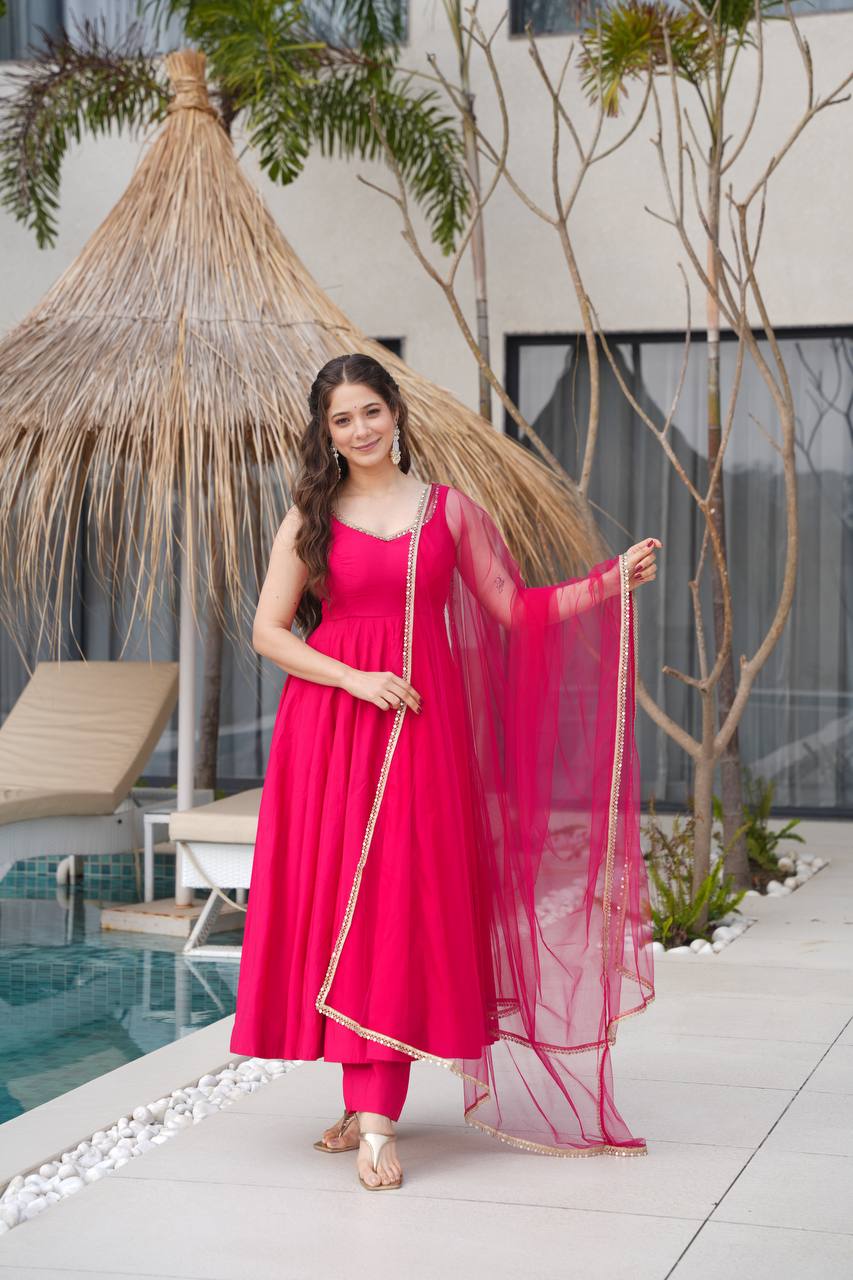 Rani Pink Sleeveless Roman Silk Chanderi Flared Anarkali Suit