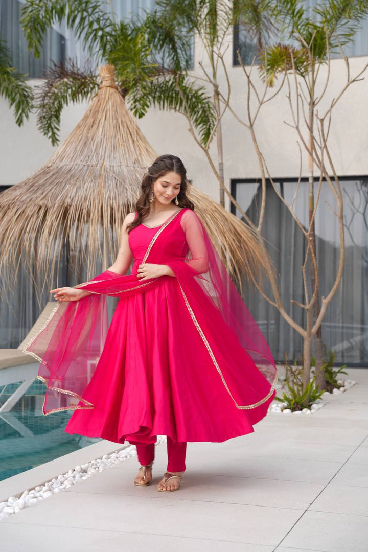 Rani Pink Sleeveless Roman Silk Chanderi Flared Anarkali Suit