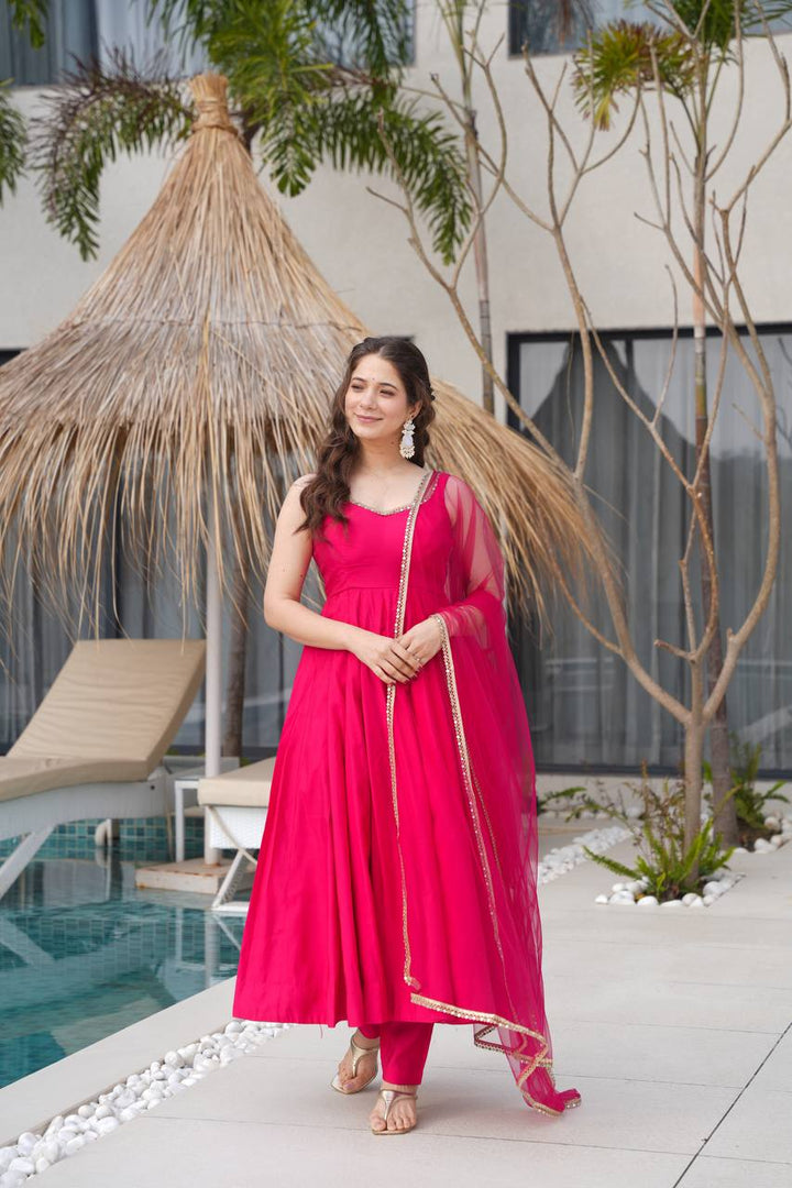 Rani Pink Sleeveless Roman Silk Chanderi Flared Anarkali Suit