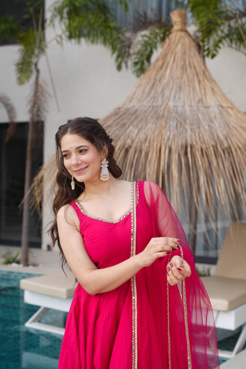 Rani Pink Sleeveless Roman Silk Chanderi Flared Anarkali Suit