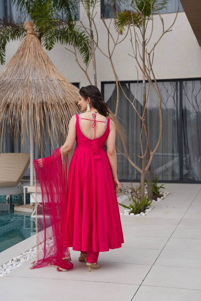Rani Pink Sleeveless Roman Silk Chanderi Flared Anarkali Suit