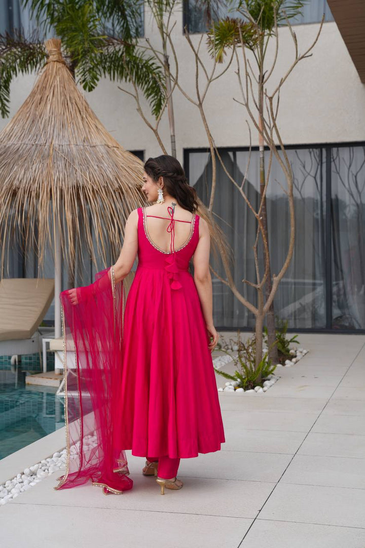 Rani Pink Sleeveless Roman Silk Chanderi Flared Anarkali Suit