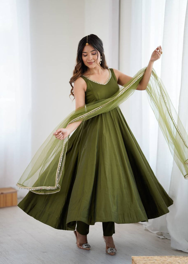 Olive Green Sleeveless Roman Silk Chanderi Flared Anarkali Suit