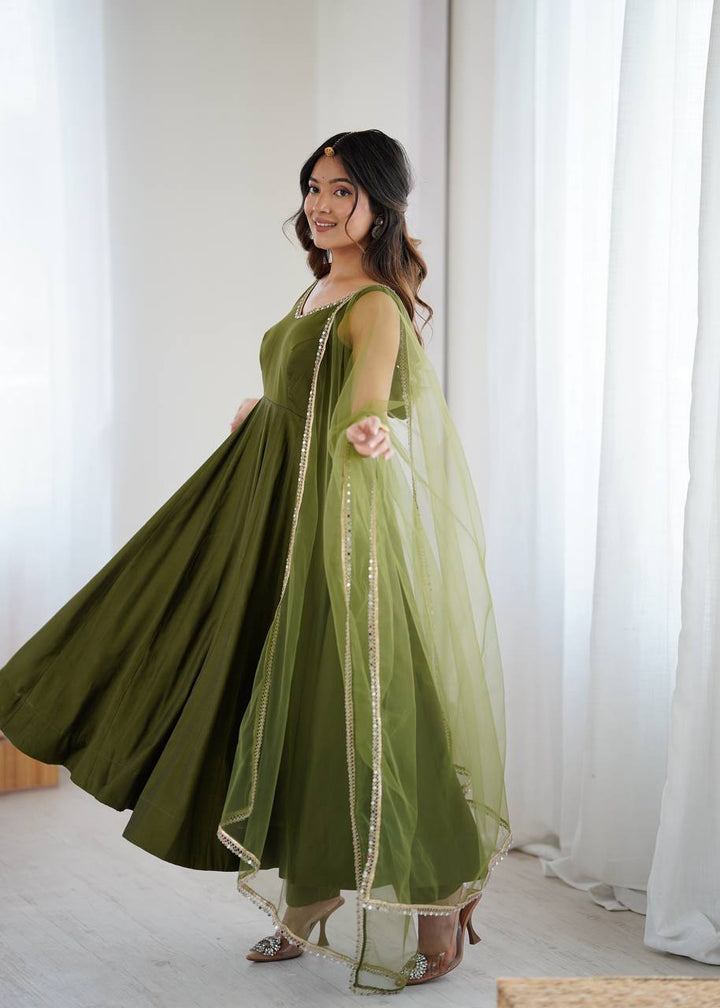 Olive Green Sleeveless Roman Silk Chanderi Flared Anarkali Suit