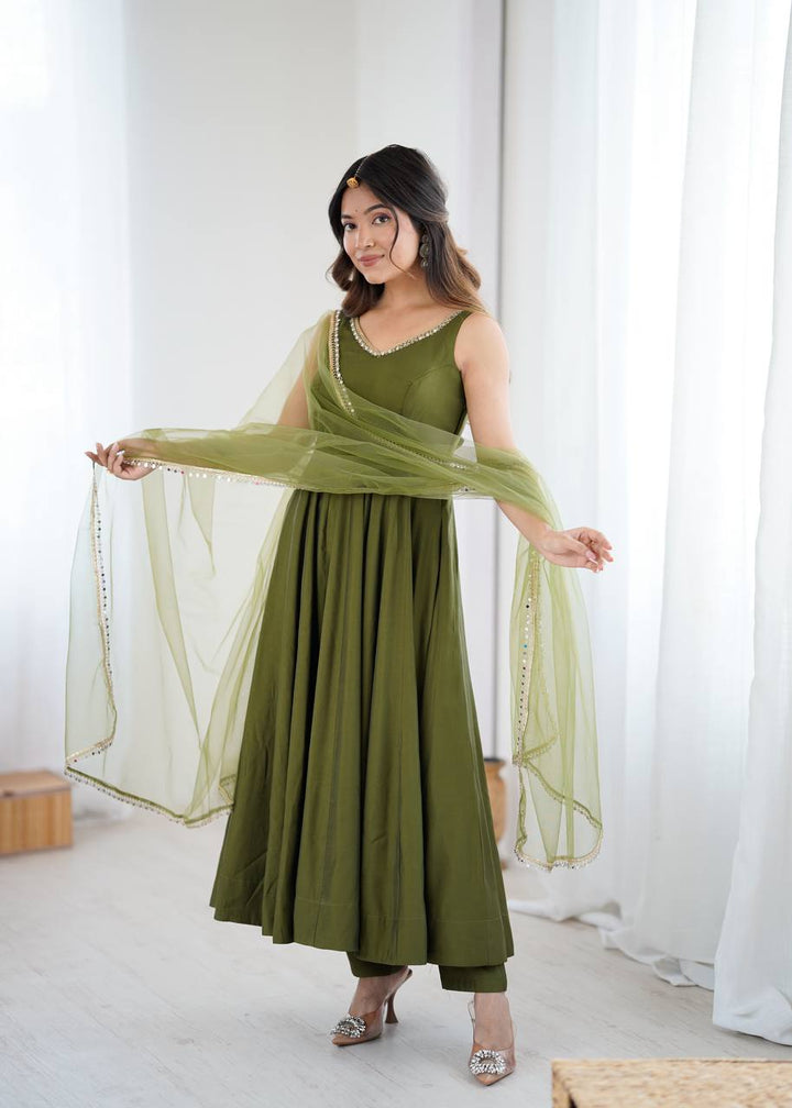 Olive Green Sleeveless Roman Silk Chanderi Flared Anarkali Suit