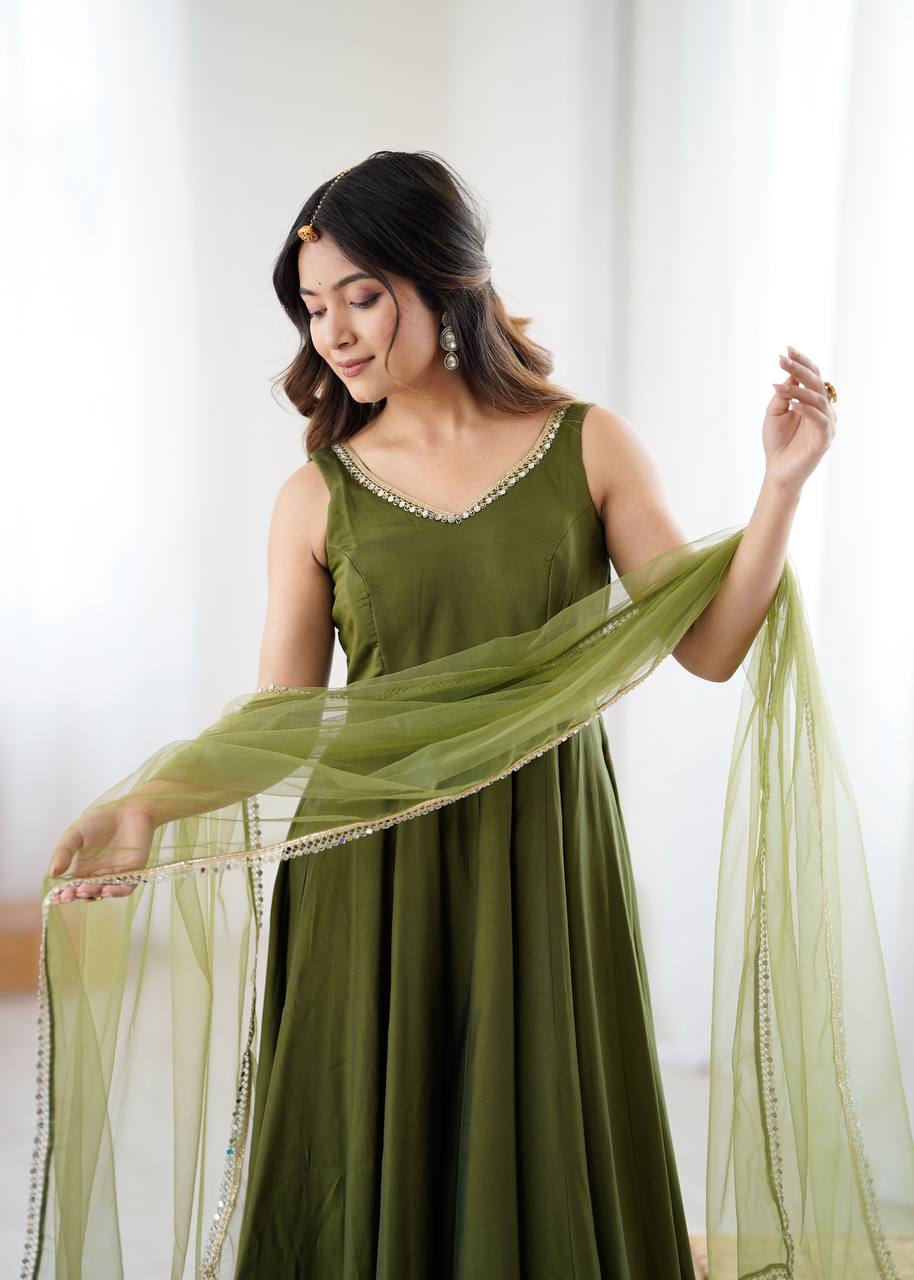 Olive Green Sleeveless Roman Silk Chanderi Flared Anarkali Suit