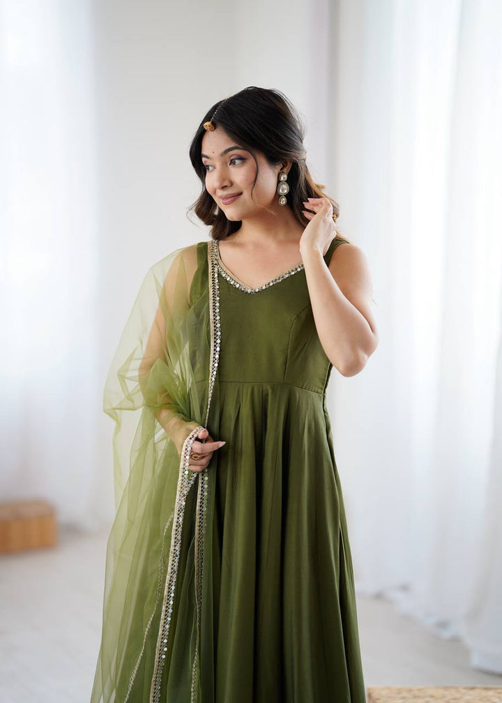 Olive Green Sleeveless Roman Silk Chanderi Flared Anarkali Suit