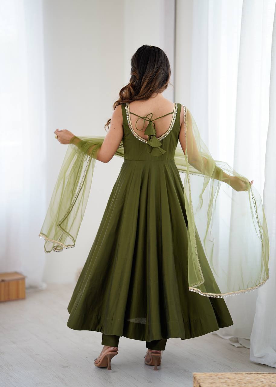Olive Green Sleeveless Roman Silk Chanderi Flared Anarkali Suit
