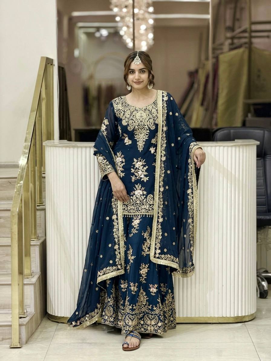 7 Color Zari Embroidered Georgette Palazzo Suit