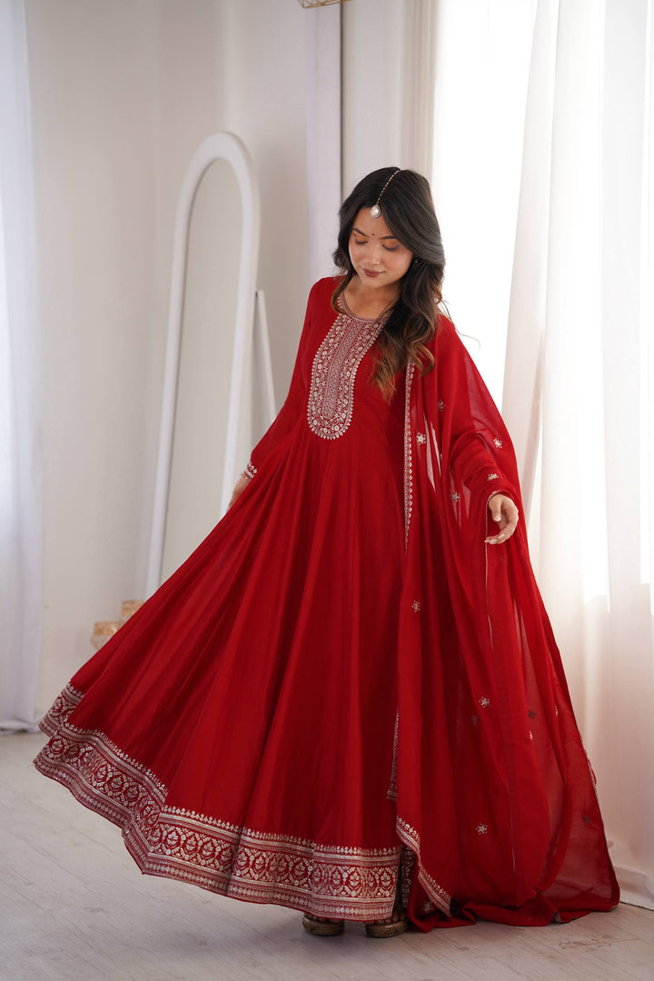 Designer Crimson Red Heavy Flare Floor Length Gown