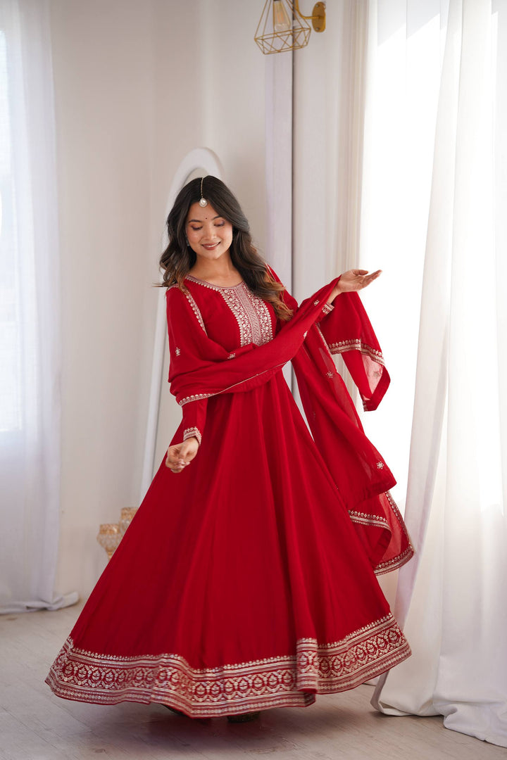 Designer Crimson Red Heavy Flare Floor Length Gown