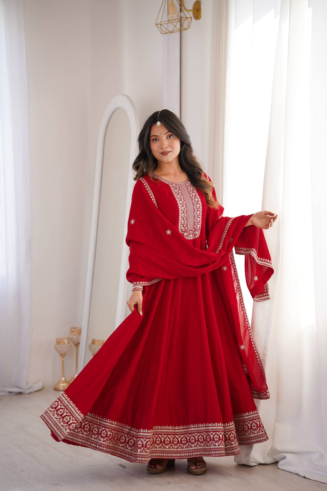 Designer Crimson Red Heavy Flare Floor Length Gown
