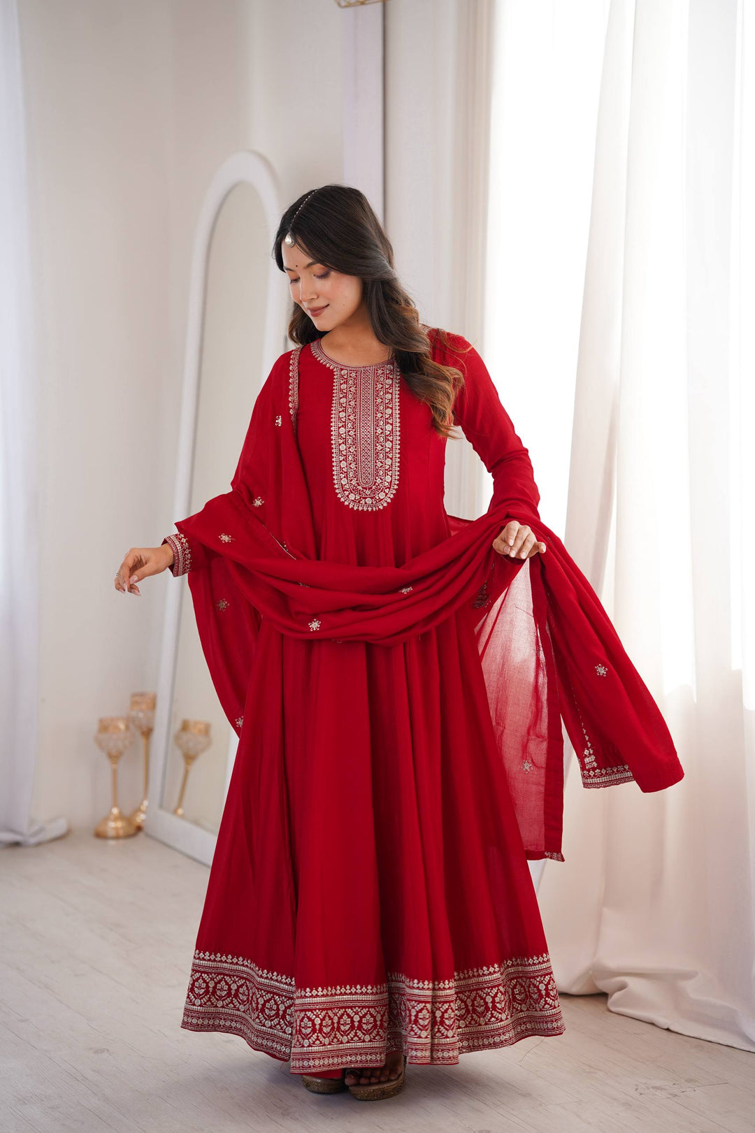 Designer Crimson Red Heavy Flare Floor Length Gown