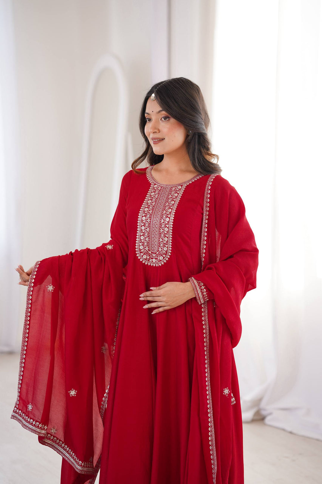 Designer Crimson Red Heavy Flare Floor Length Gown
