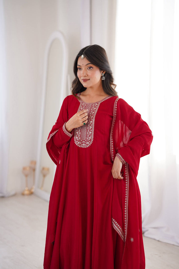 Designer Crimson Red Heavy Flare Floor Length Gown