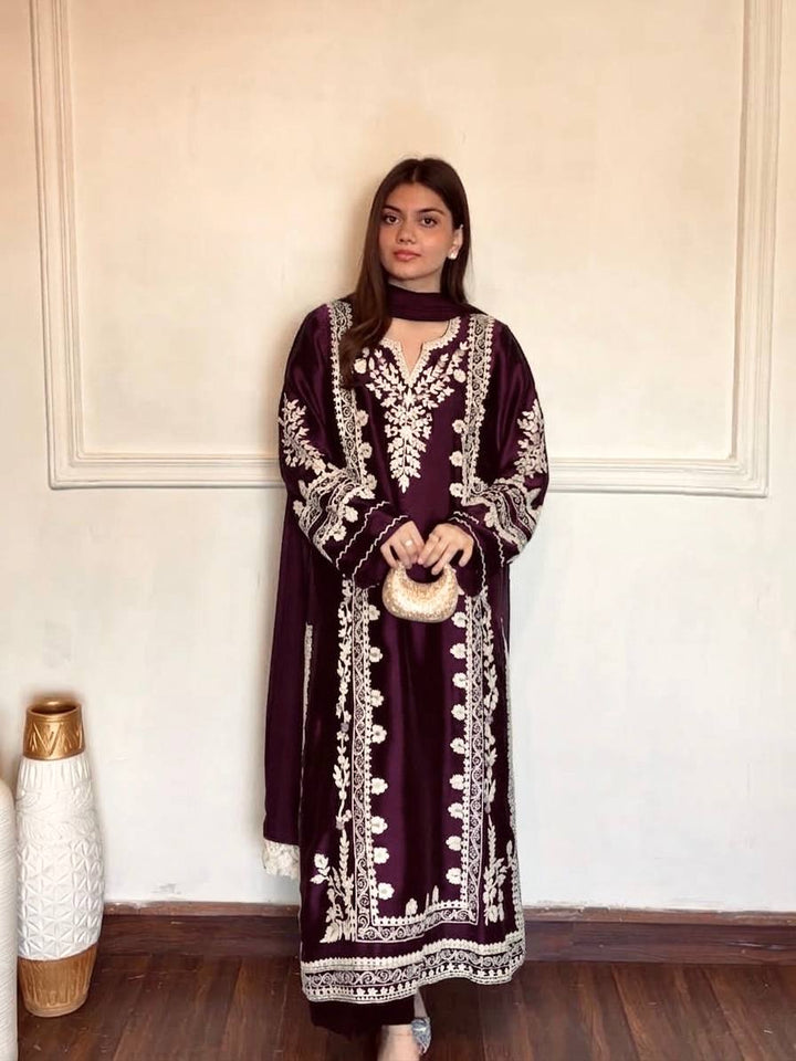 Dark Purple Thread Embroidered Rayon Palazzo Suit