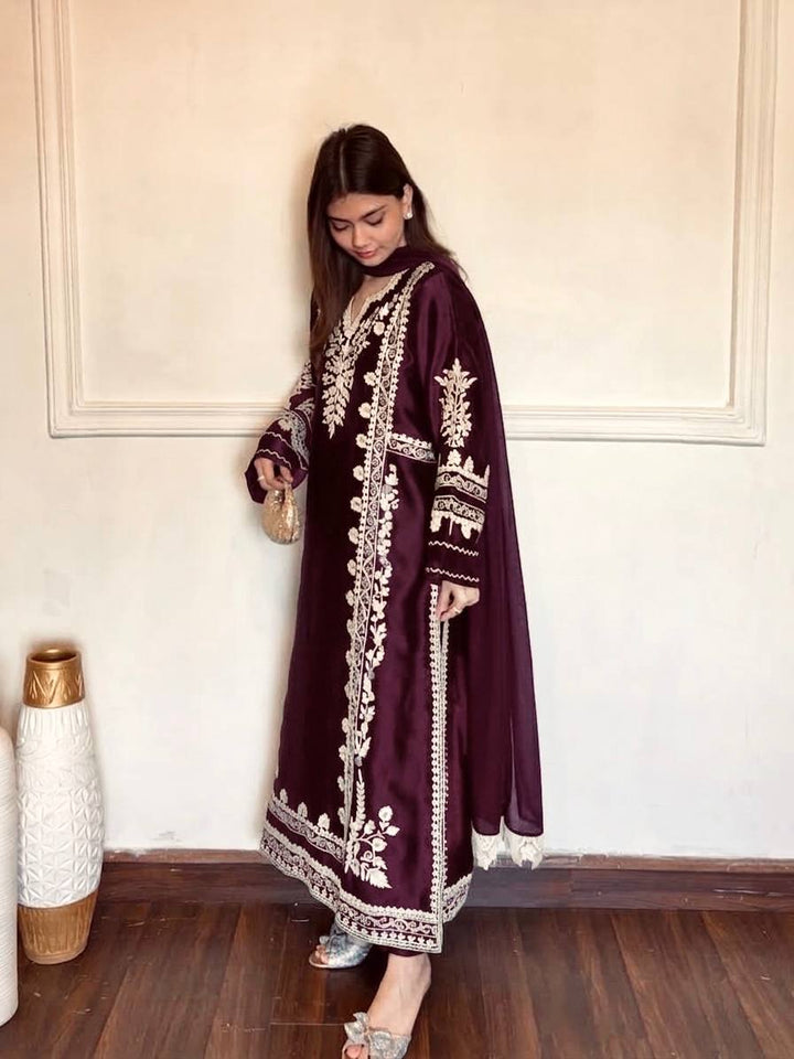 Dark Purple Thread Embroidered Rayon Palazzo Suit
