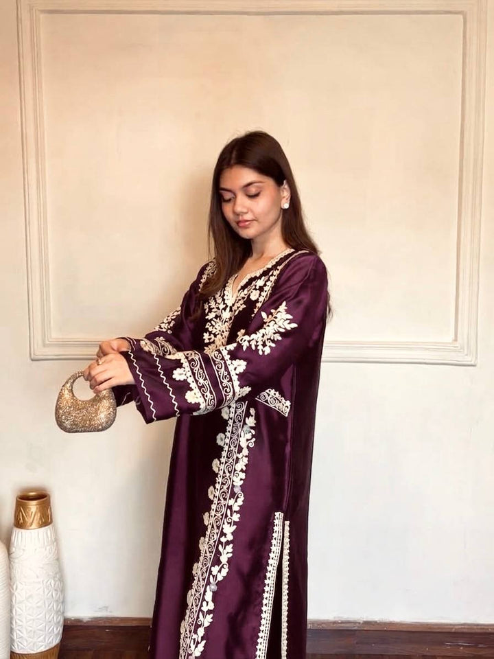 Dark Purple Thread Embroidered Rayon Palazzo Suit