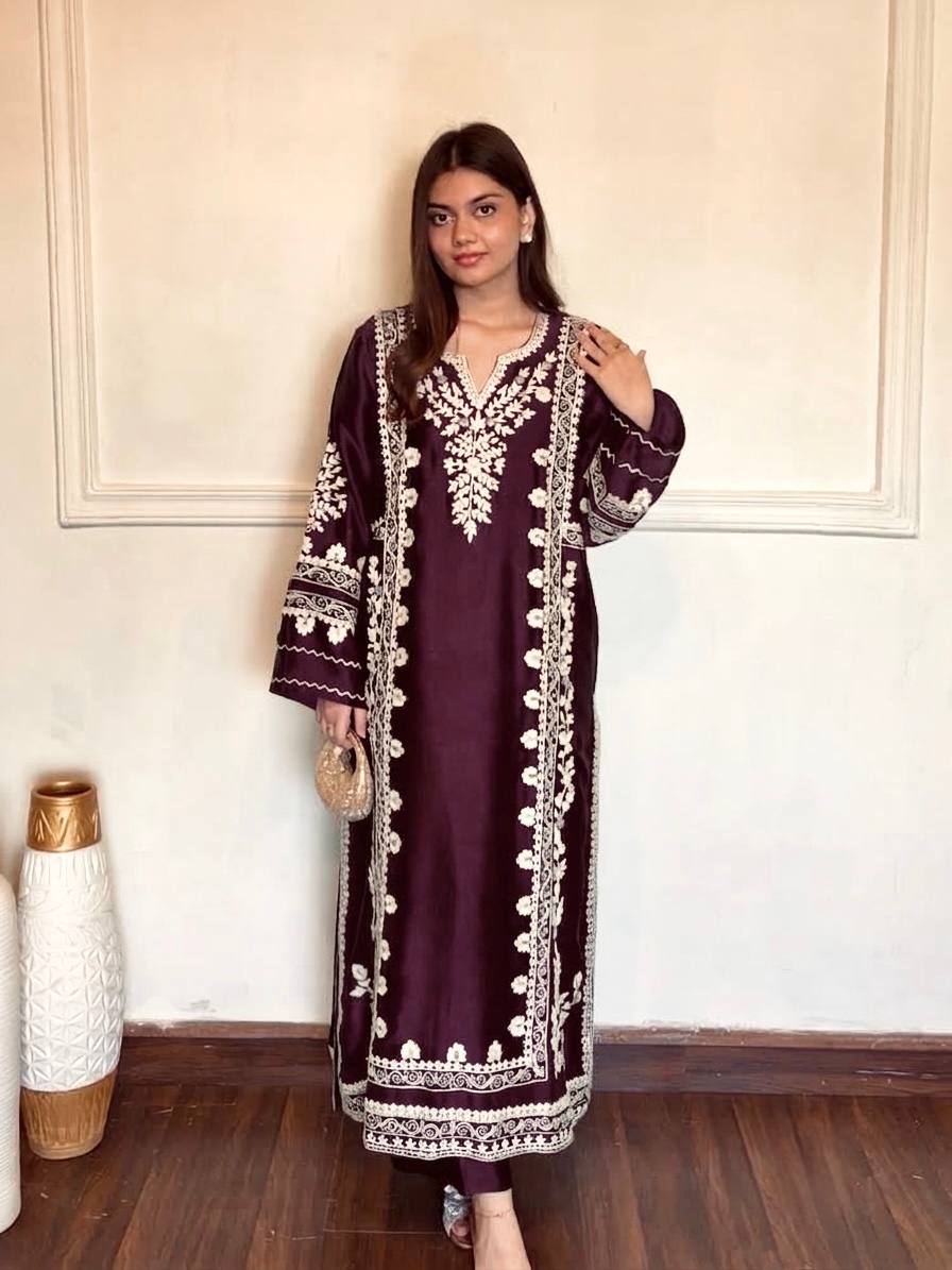Dark Purple Thread Embroidered Rayon Palazzo Suit