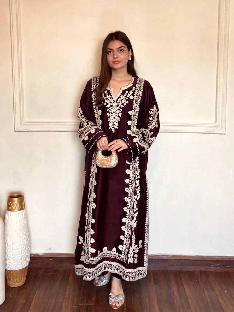 Dark Purple Thread Embroidered Rayon Palazzo Suit