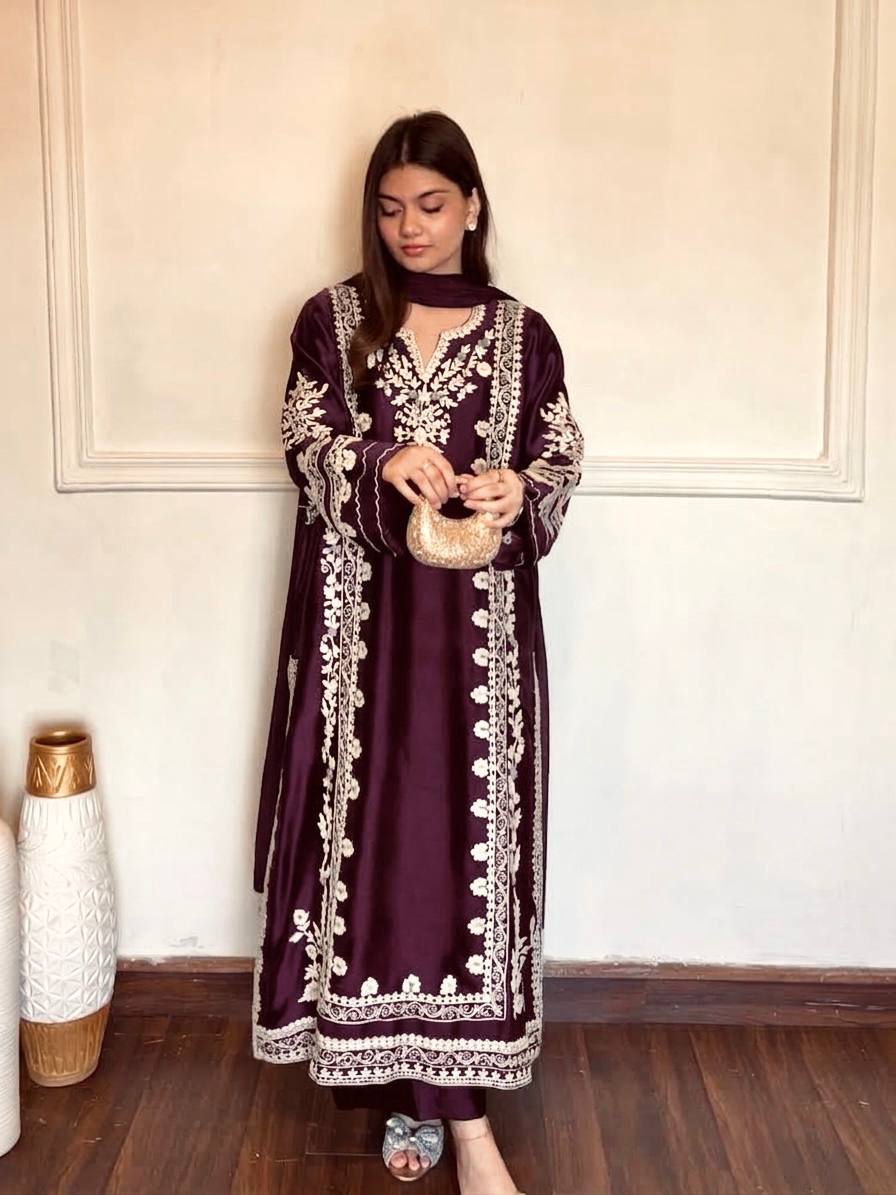 Dark Purple Thread Embroidered Rayon Palazzo Suit