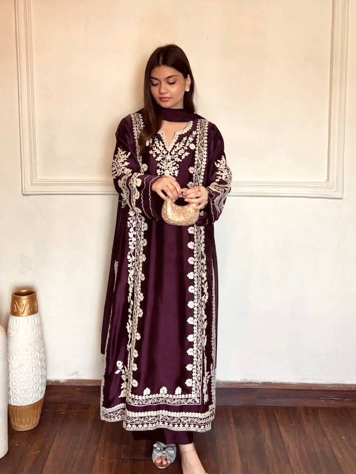 Dark Purple Thread Embroidered Rayon Palazzo Suit
