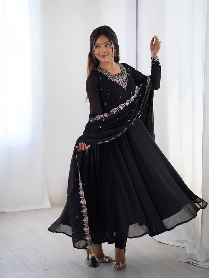 Black Silver Neckline Embroidered Georgette Anarkali Suit