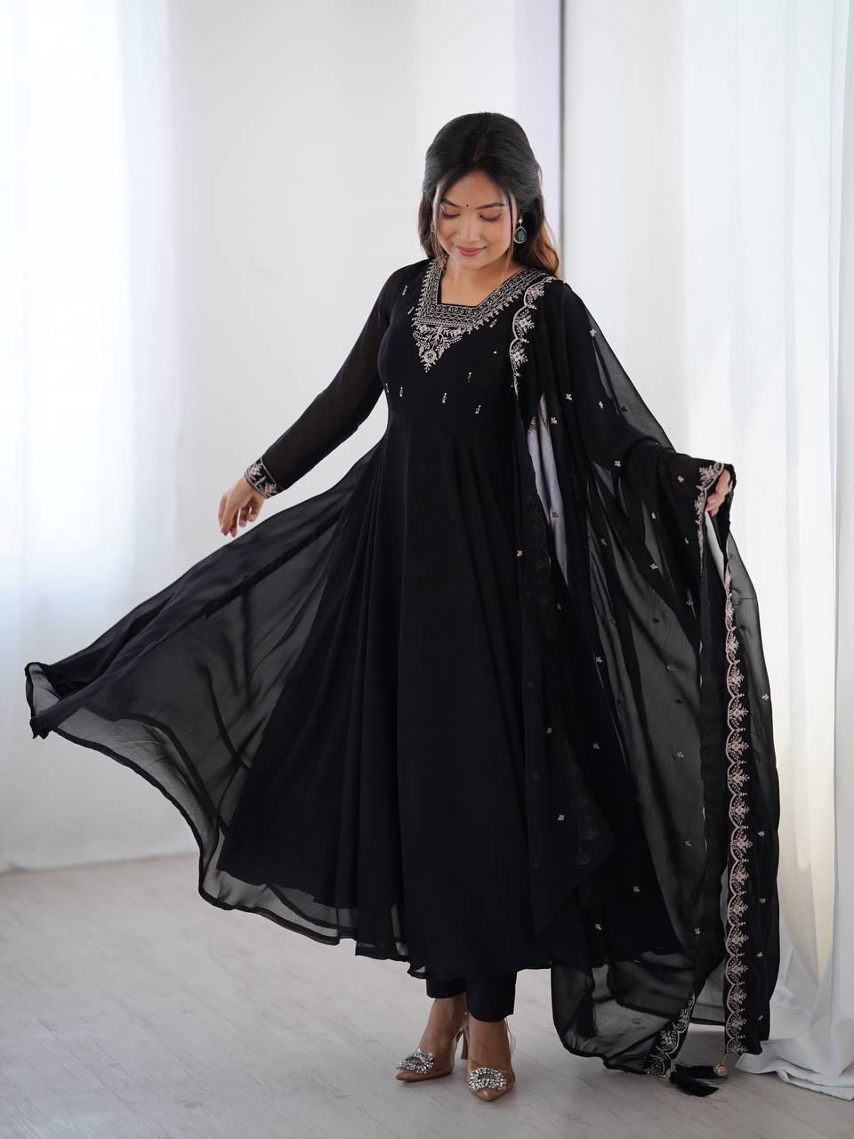 Black Silver Neckline Embroidered Georgette Anarkali Suit
