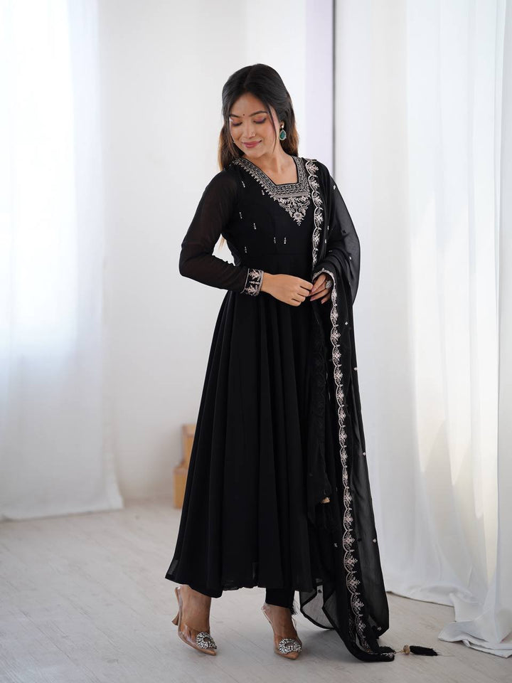 Black Silver Neckline Embroidered Georgette Anarkali Suit