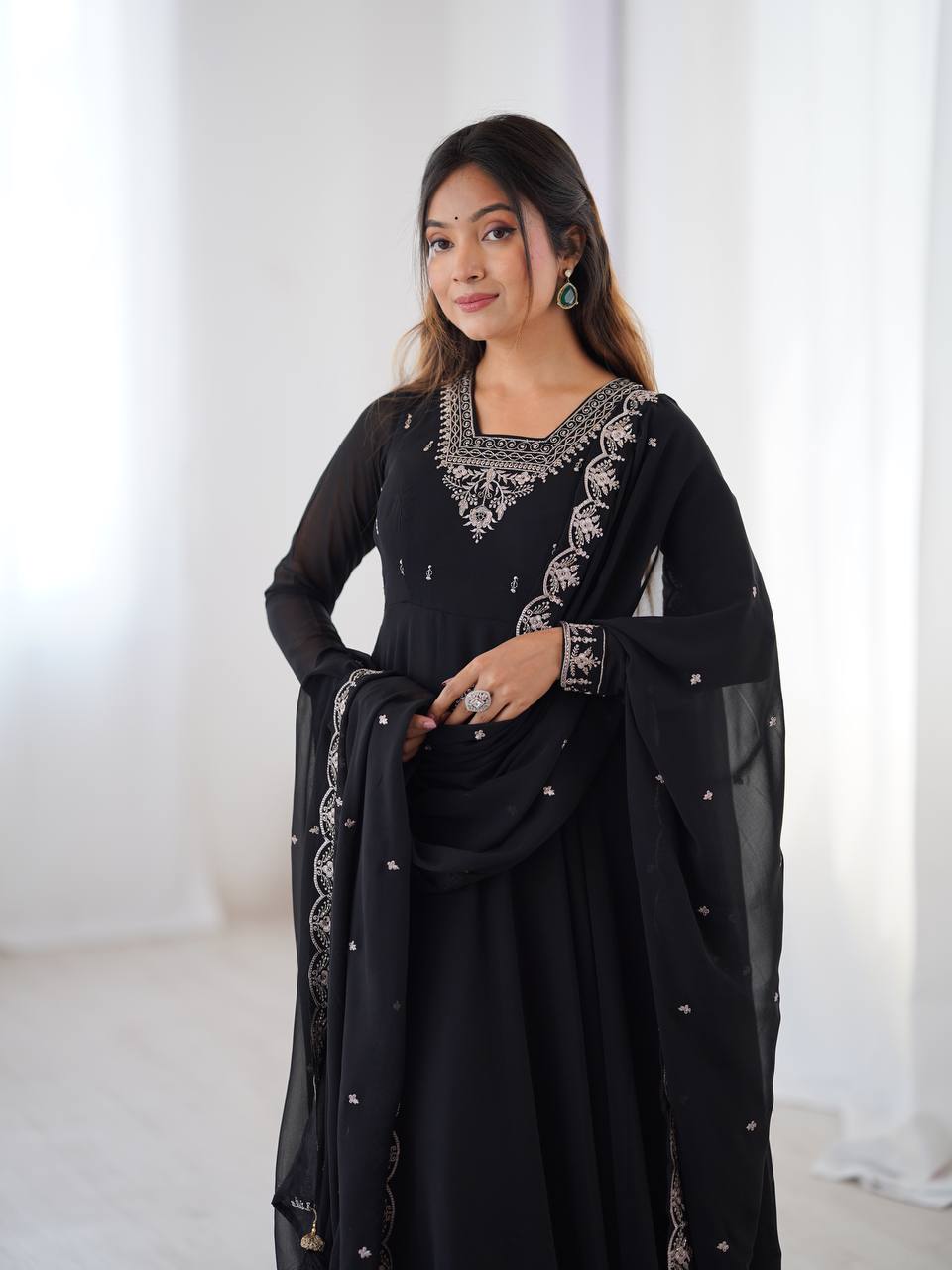 Black Silver Neckline Embroidered Georgette Anarkali Suit