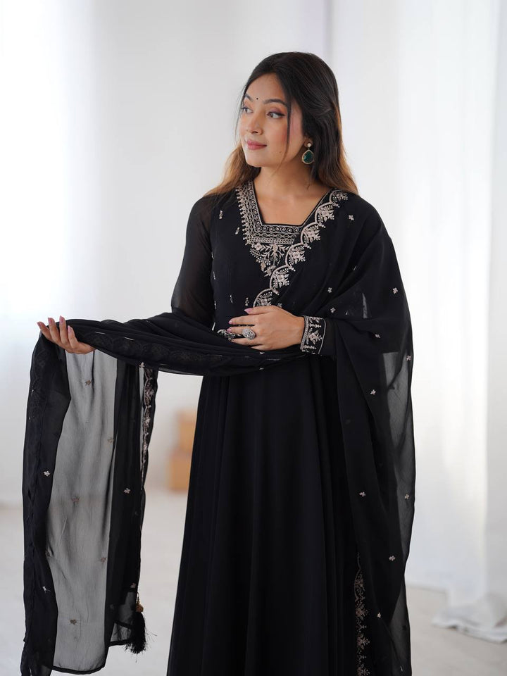 Black Silver Neckline Embroidered Georgette Anarkali Suit