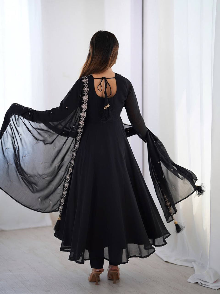 Black Silver Neckline Embroidered Georgette Anarkali Suit