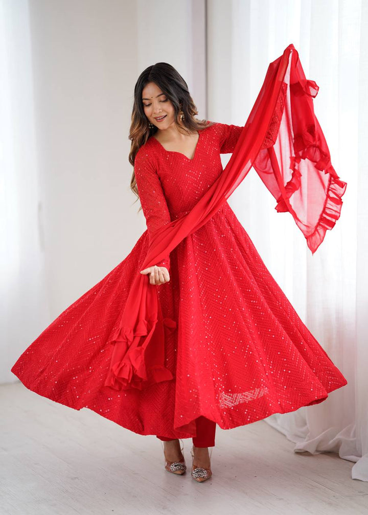 Red Color Chikankari Embroidered Flared Anarkali Set