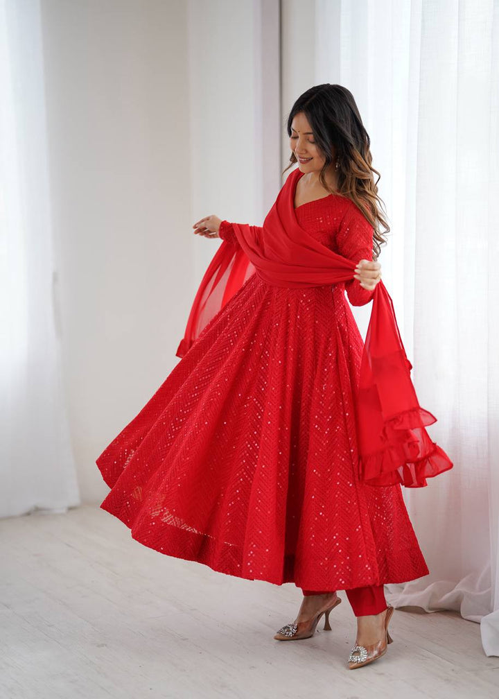 Red Color Chikankari Embroidered Flared Anarkali Set