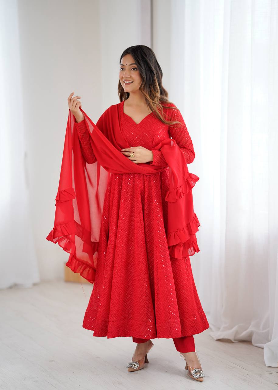 Red Color Chikankari Embroidered Flared Anarkali Set