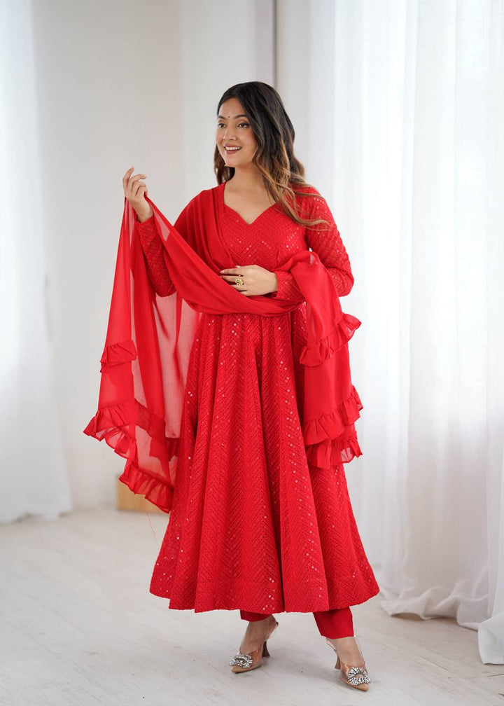 Red Color Chikankari Embroidered Flared Anarkali Set