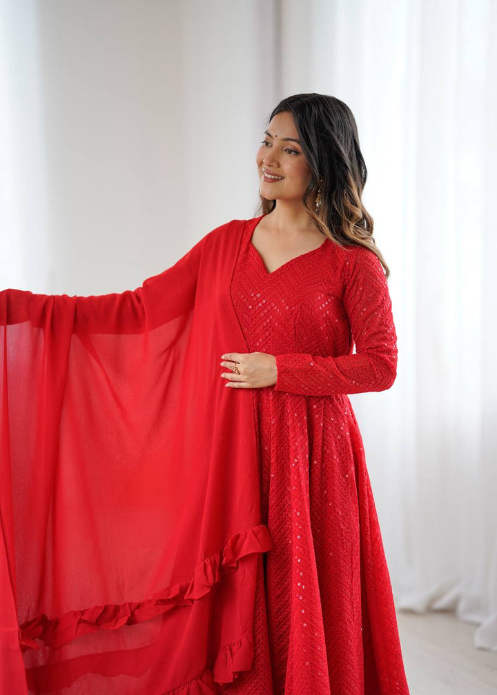 Red Color Chikankari Embroidered Flared Anarkali Set