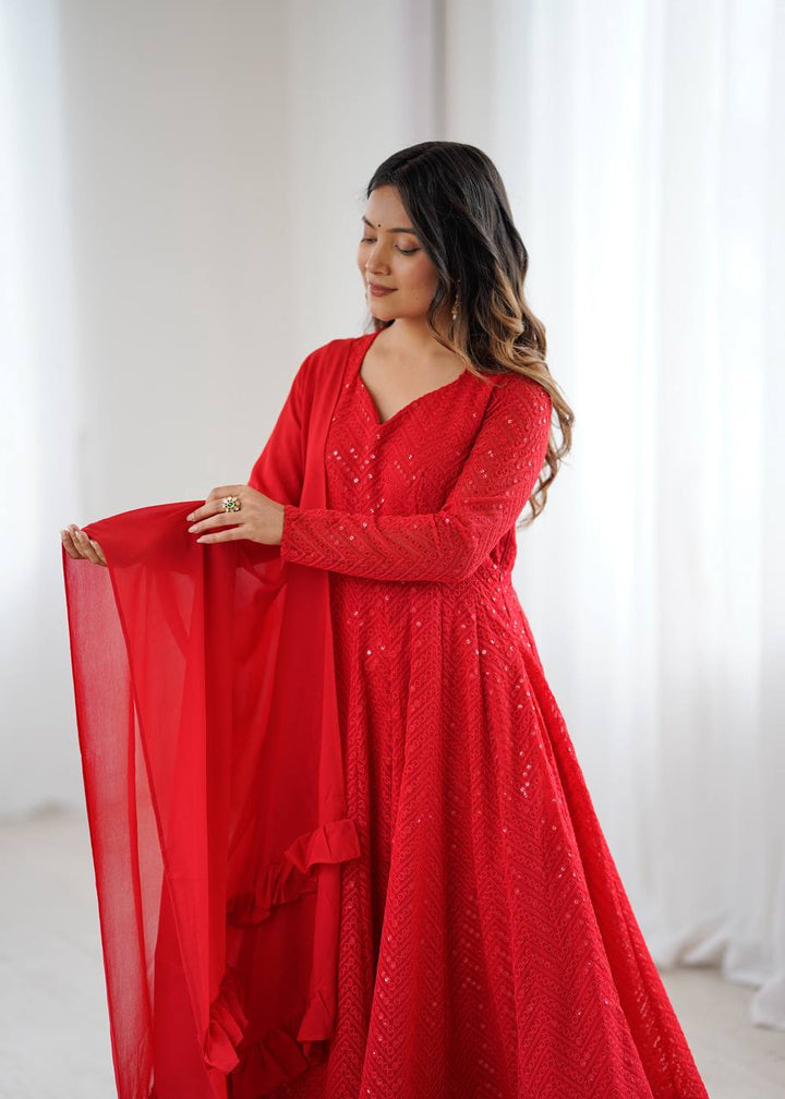 Red Color Chikankari Embroidered Flared Anarkali Set