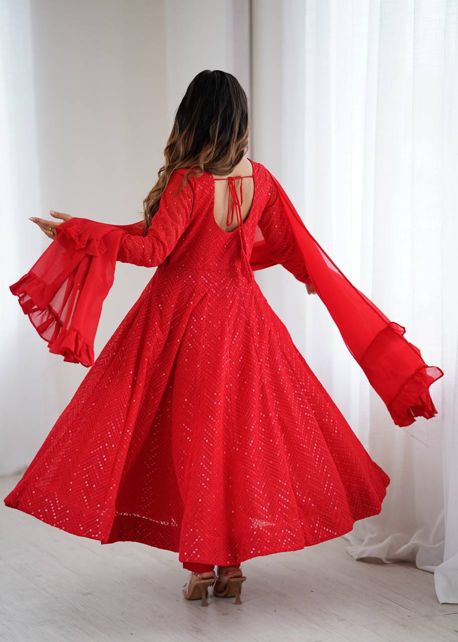 Red Color Chikankari Embroidered Flared Anarkali Set