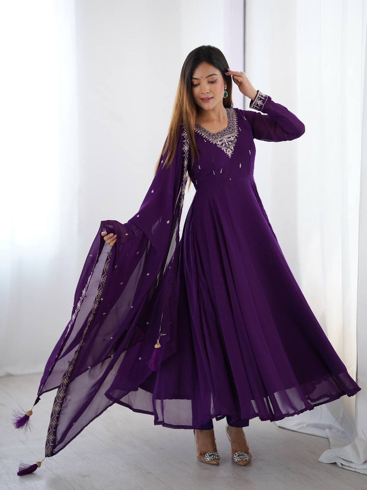 Royal Purple Silver Neckline Embroidered Georgette Anarkali Suit