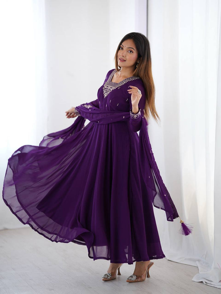 Royal Purple Silver Neckline Embroidered Georgette Anarkali Suit