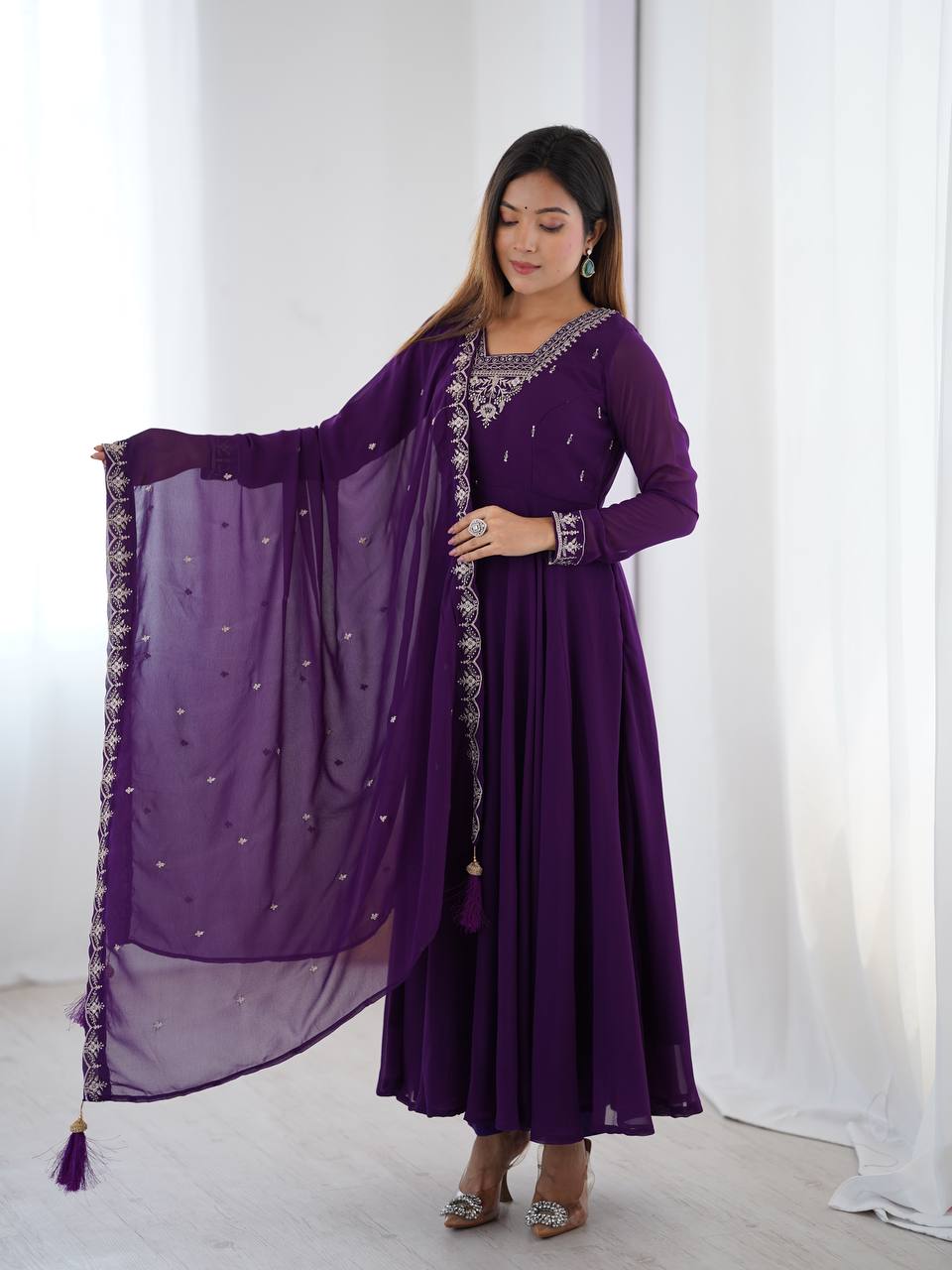 Royal Purple Silver Neckline Embroidered Georgette Anarkali Suit