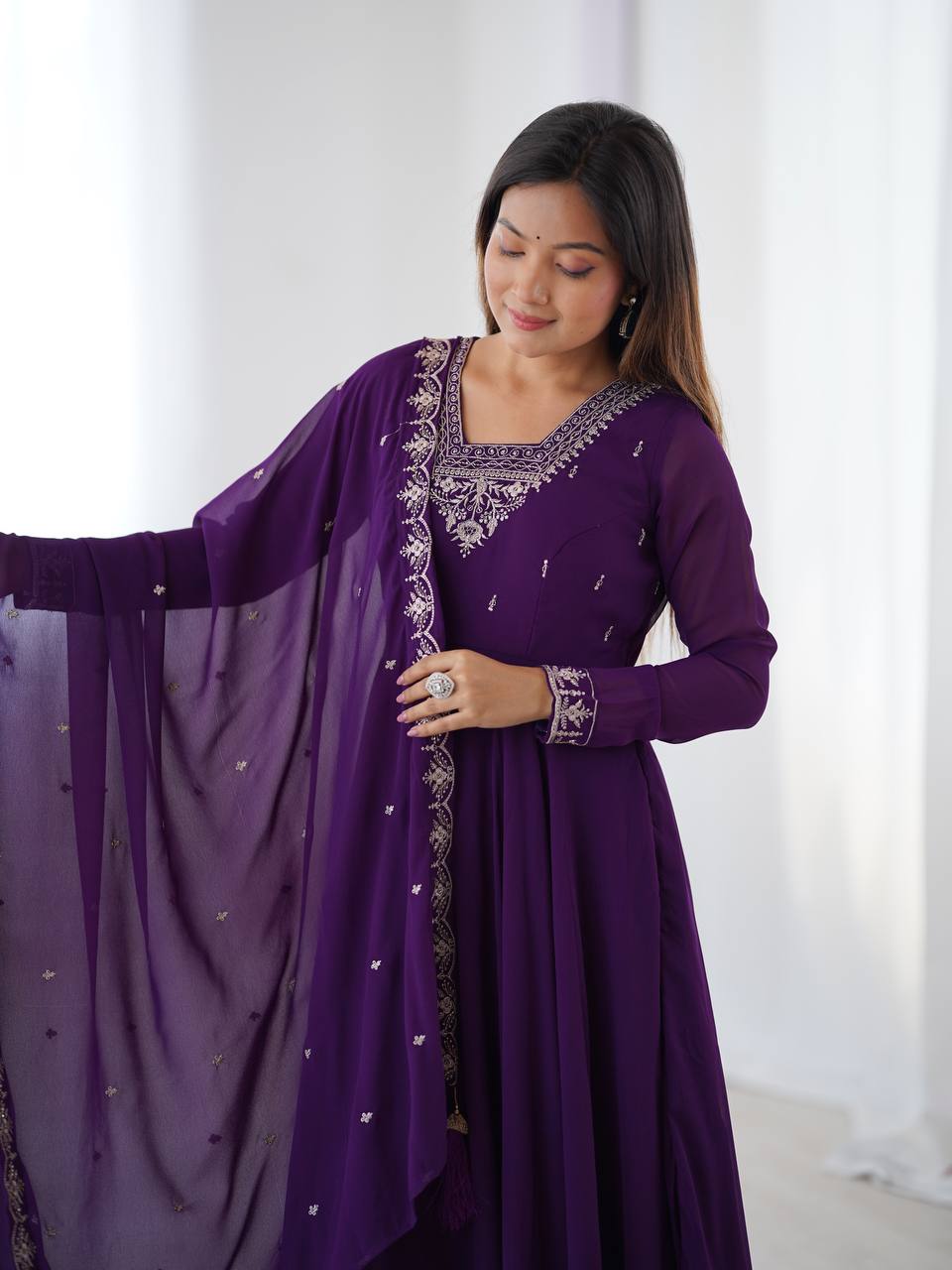 Royal Purple Silver Neckline Embroidered Georgette Anarkali Suit