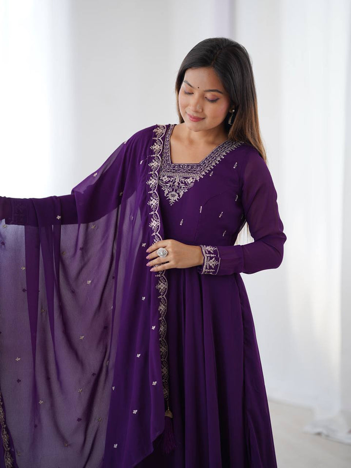 Royal Purple Silver Neckline Embroidered Georgette Anarkali Suit