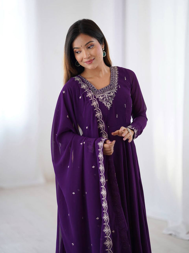 Royal Purple Silver Neckline Embroidered Georgette Anarkali Suit