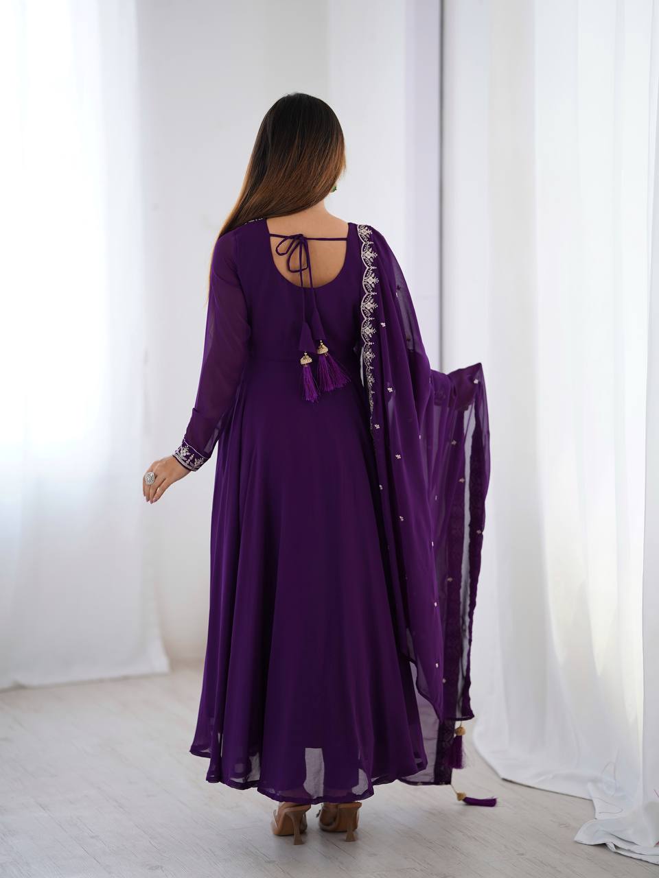 Royal Purple Silver Neckline Embroidered Georgette Anarkali Suit