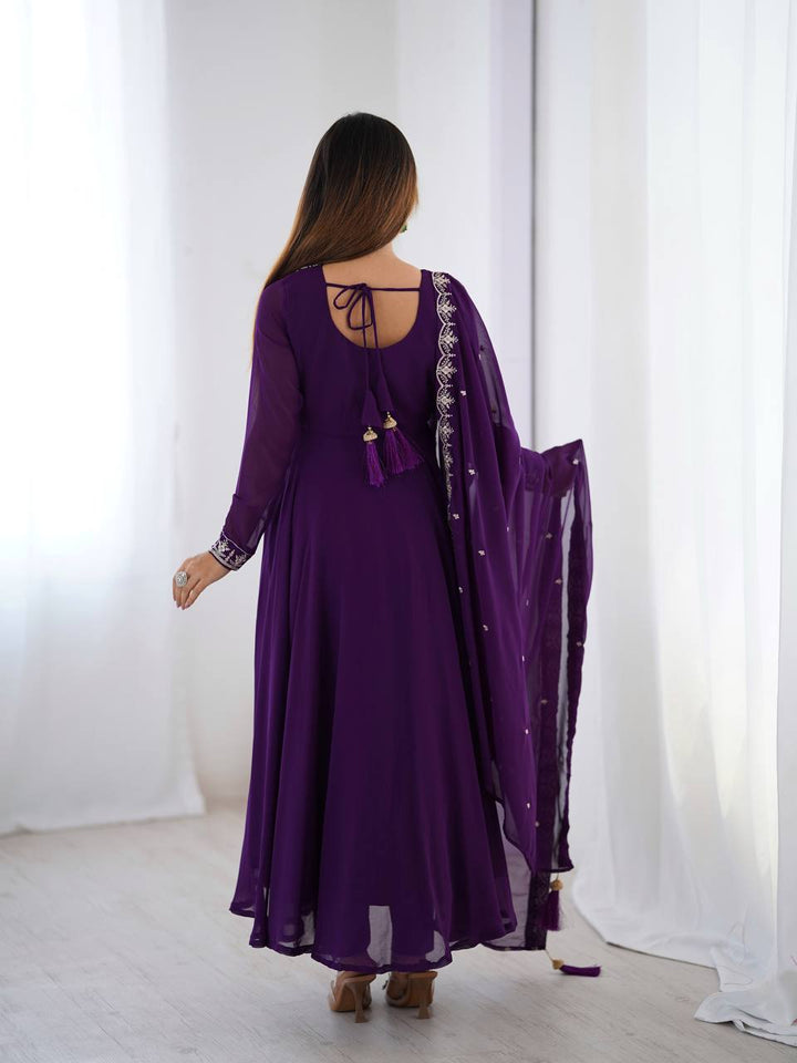 Royal Purple Silver Neckline Embroidered Georgette Anarkali Suit